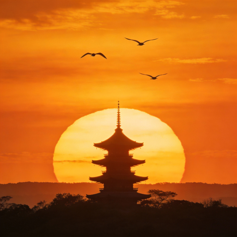 夕阳塔影飞鸟图片