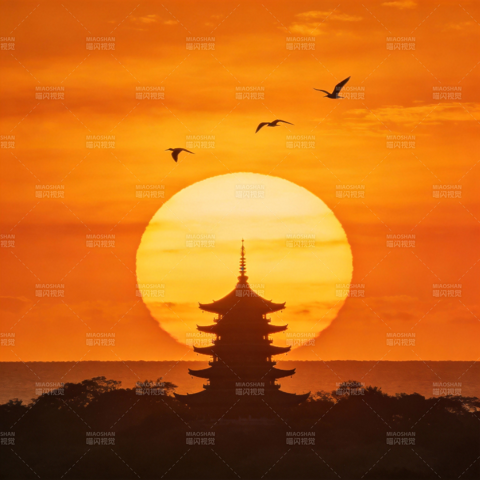 夕阳塔影飞鸟图片