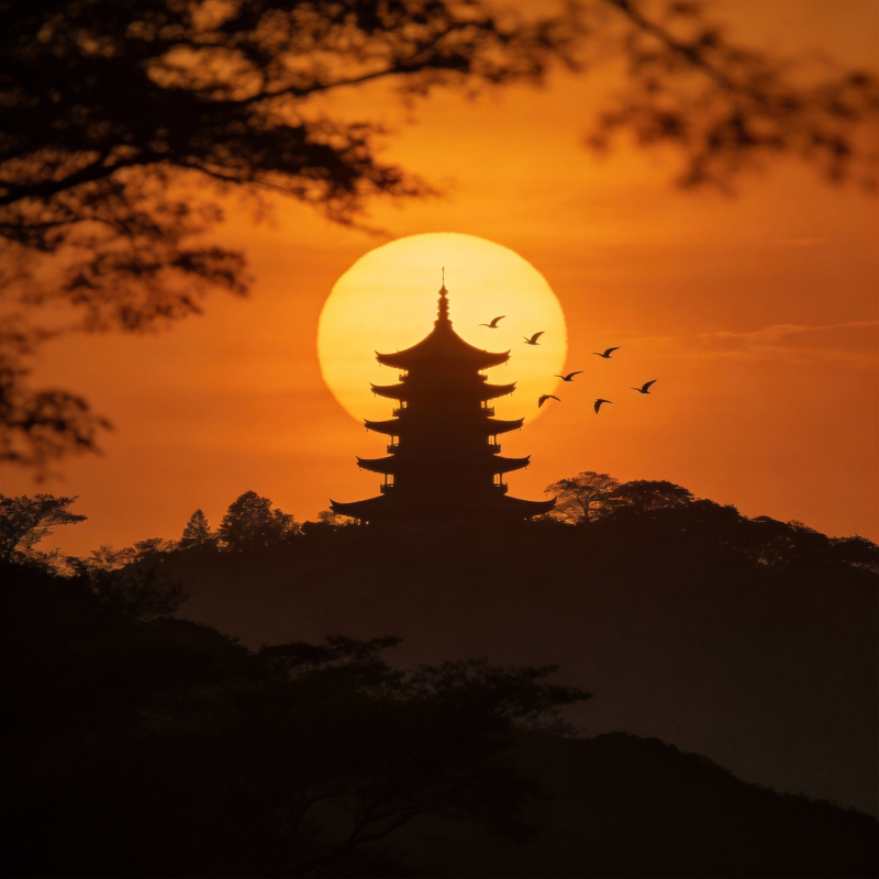 夕阳下的古塔剪影图片