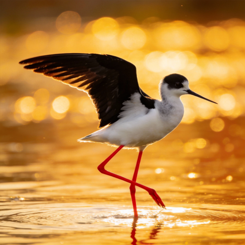 黑翅长脚鹬晨光中起舞图片