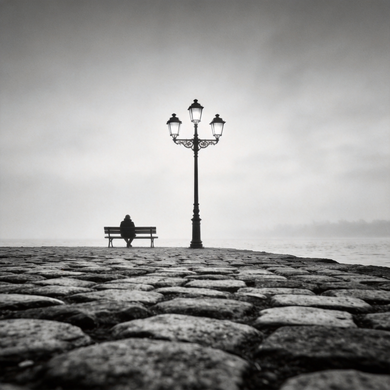 孤影伴灯 静坐湖畔图片