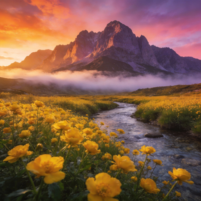 山野花溪日出图片