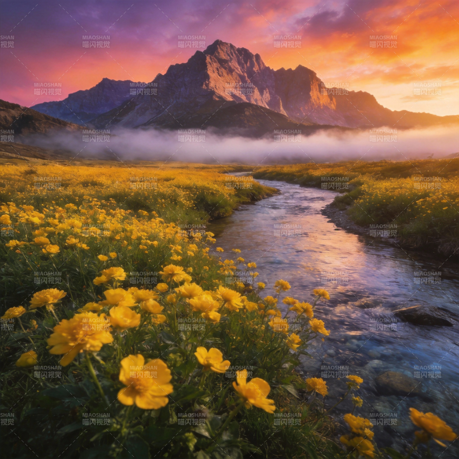 花海溪流映山霞图片