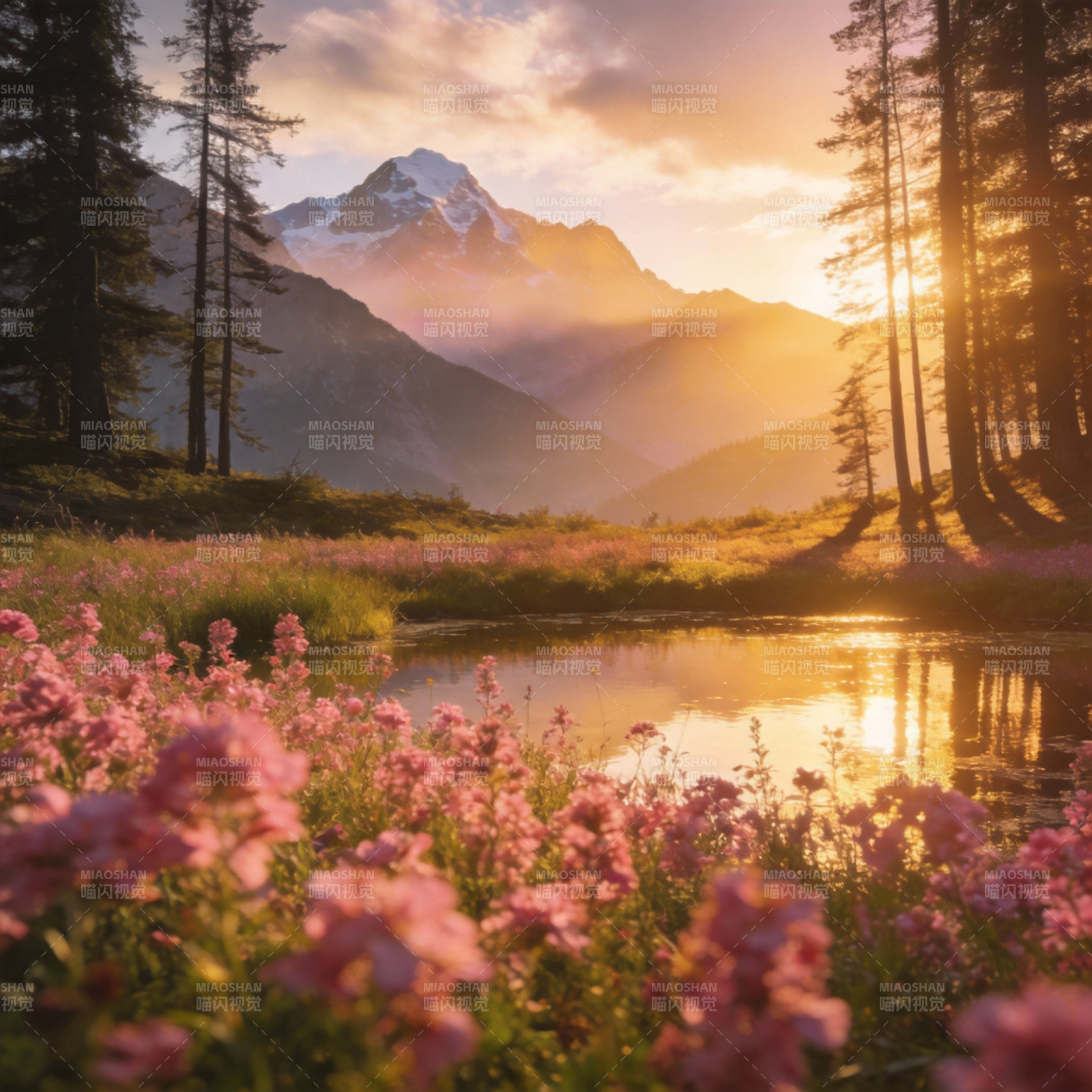 山湖花影晨曦图片