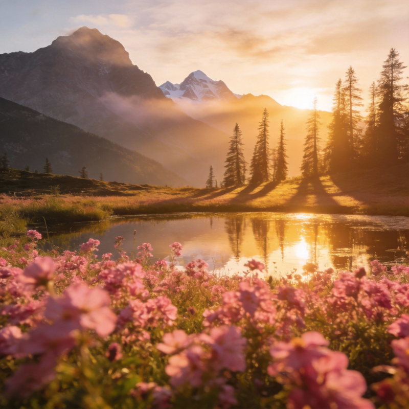 山湖晨曦花海图片