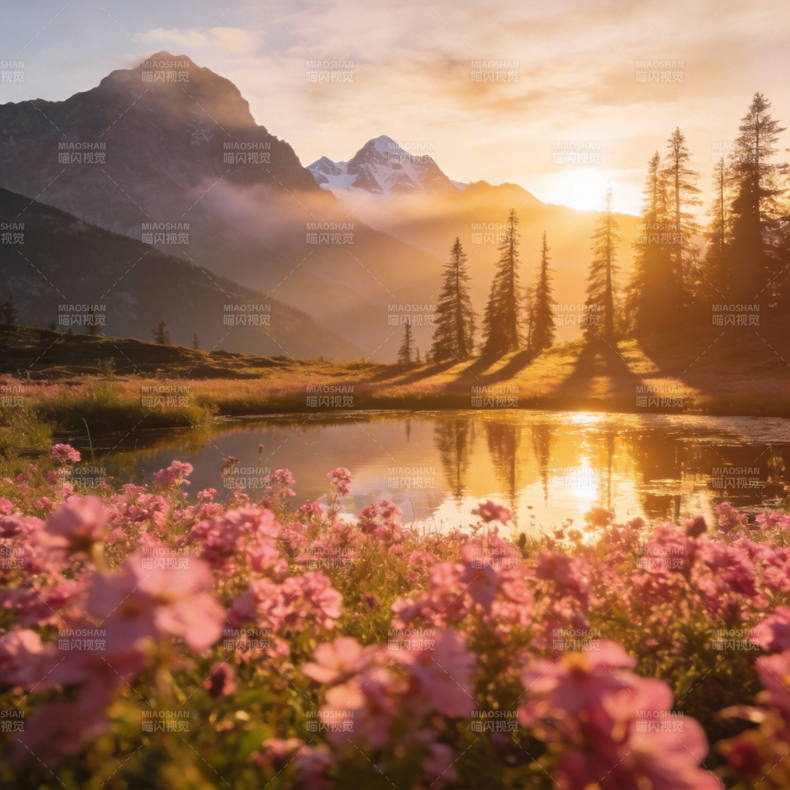 山湖晨曦花海图片