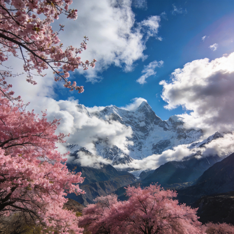 樱花映雪山图片