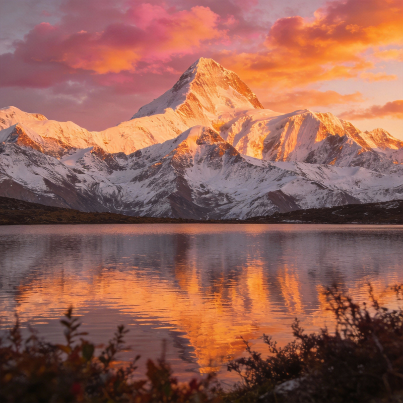雪山映湖 霞光满天图片
