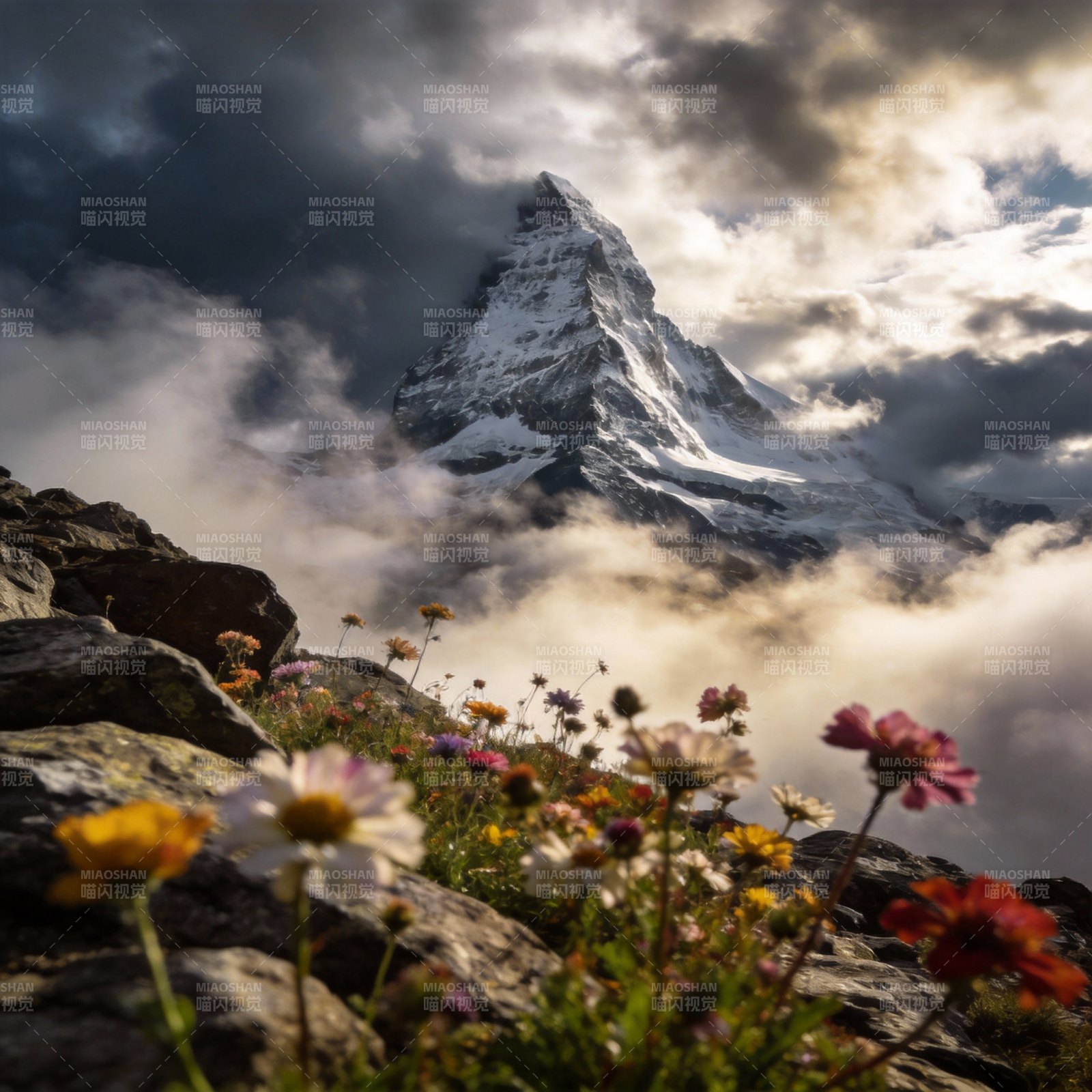 雪峰花海云雾间图片