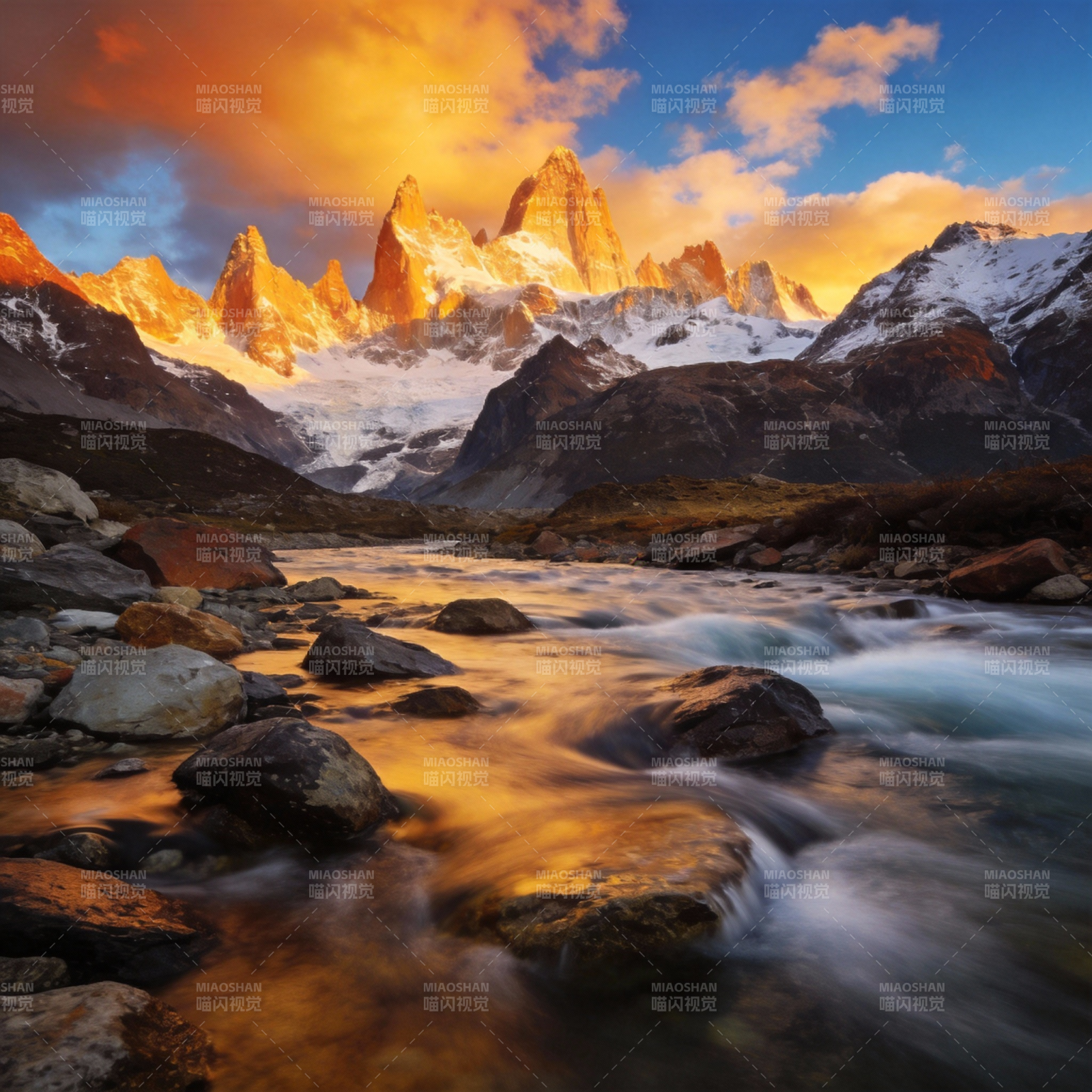 雪山溪流晨曦图片