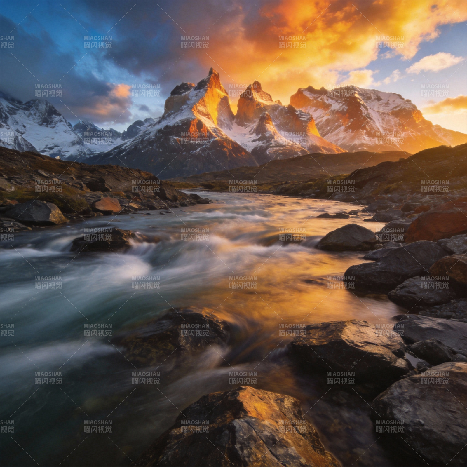 雪山映日 溪流潺潺图片