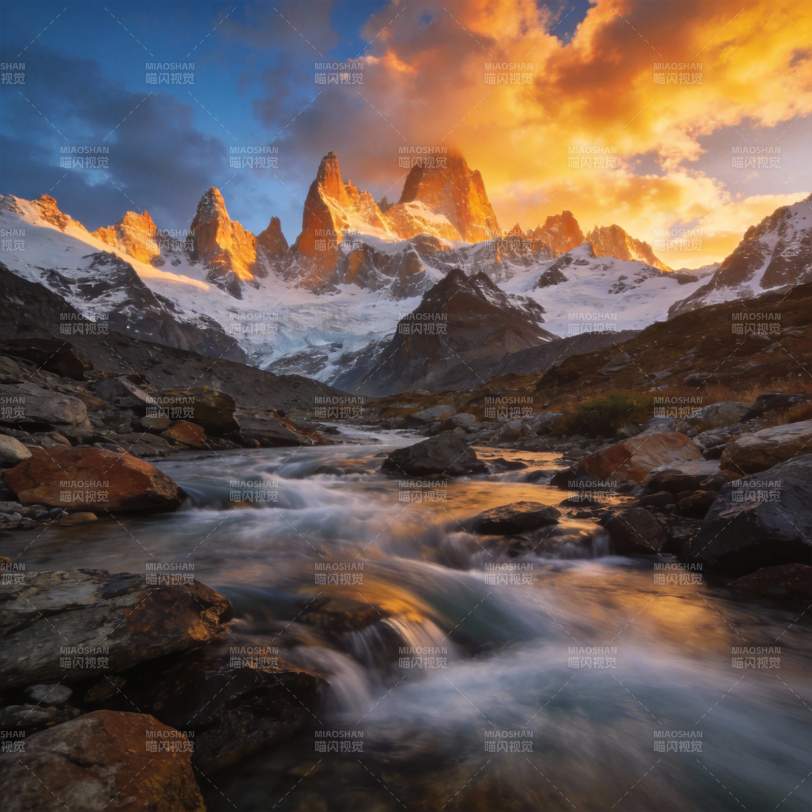 雪山日落溪流图片