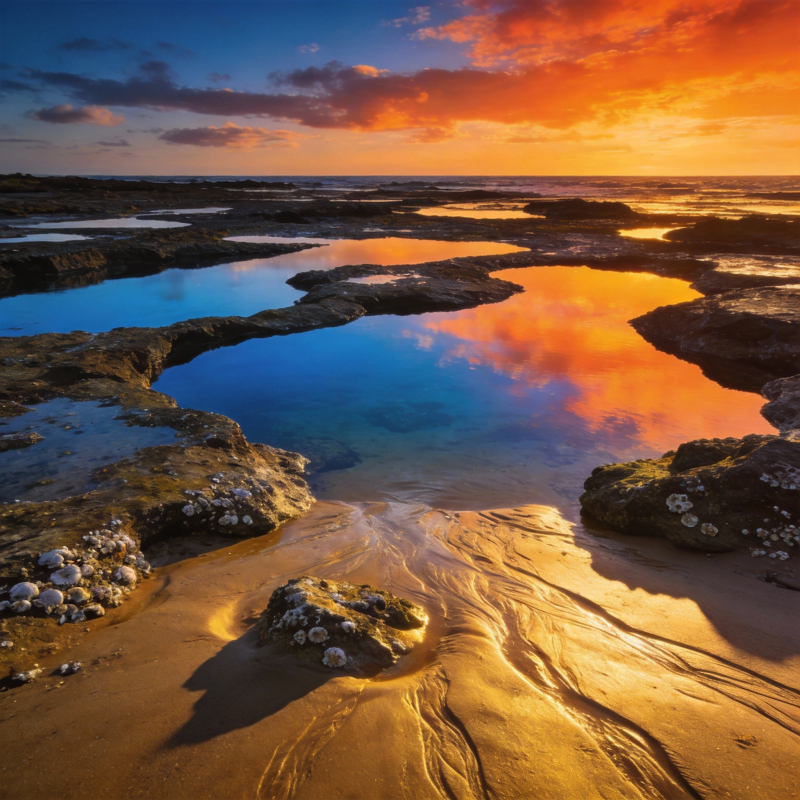 夕阳滩涂映彩霞图片