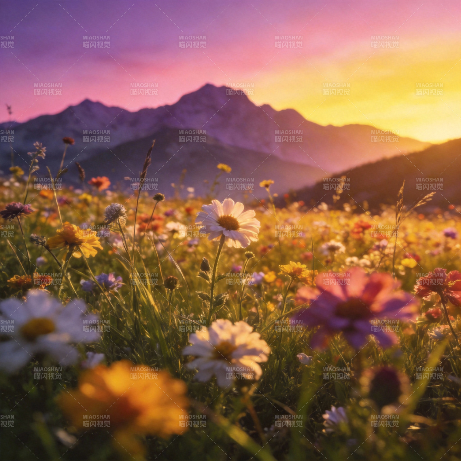 山野花海日落图片