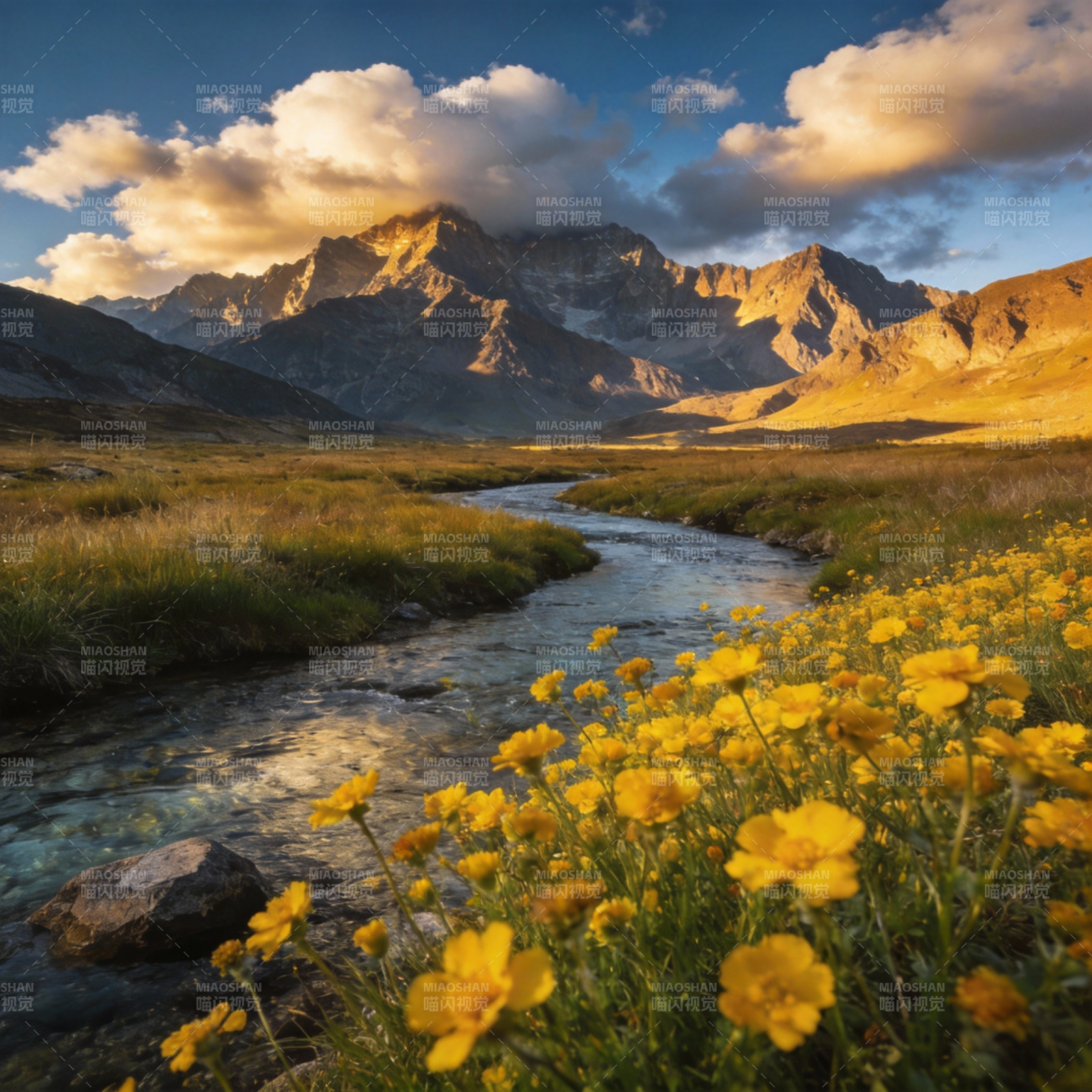 山间花溪晨光图片