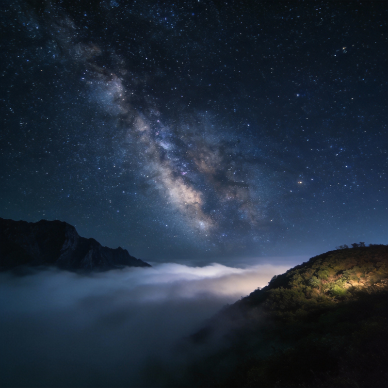 星河山雾夜景图片