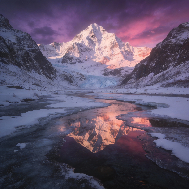 雪山倒影映晚霞图片