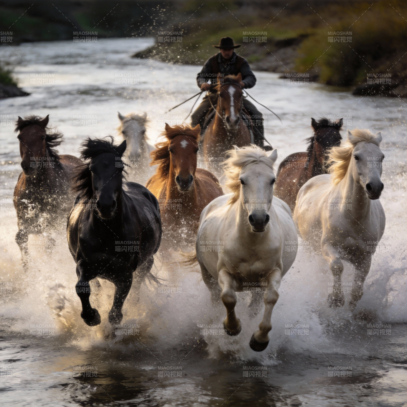 骏马奔腾过河图片