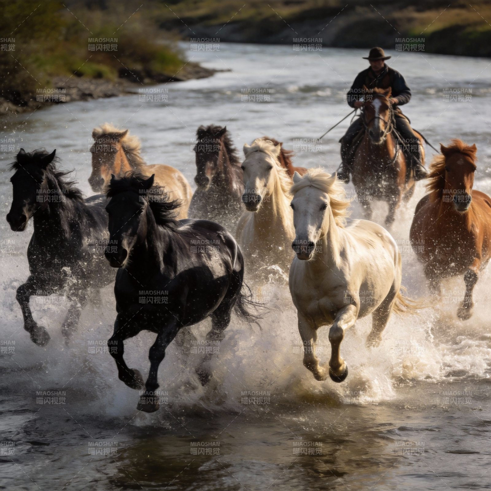 骏马奔腾过河图片