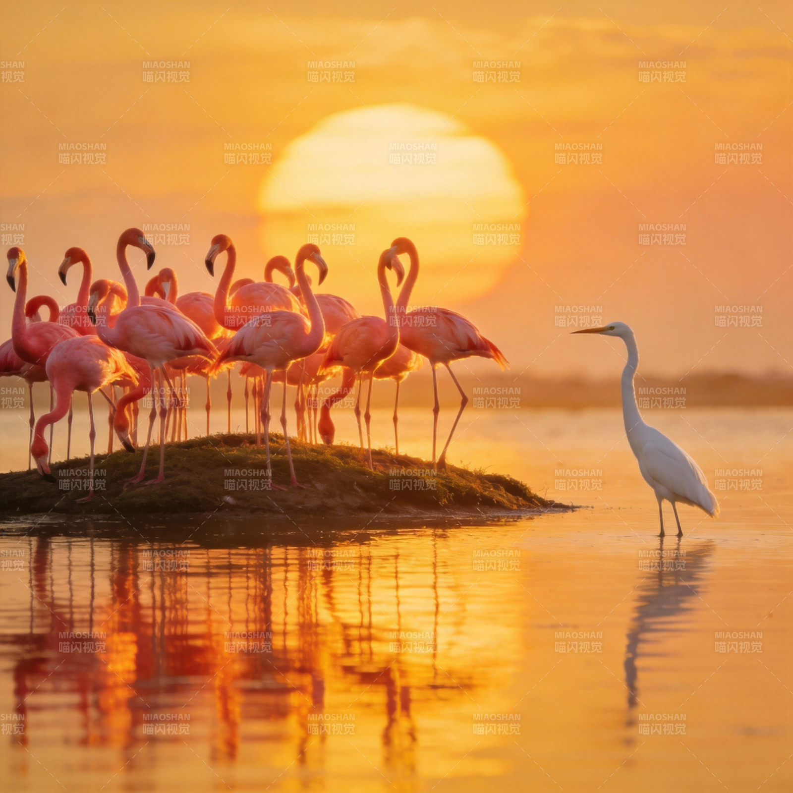 日落群鸟栖水畔图片