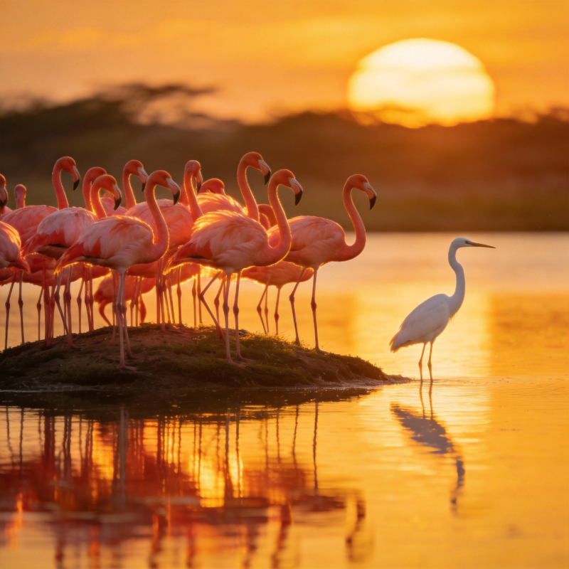 夕阳下的粉红群鸟图片