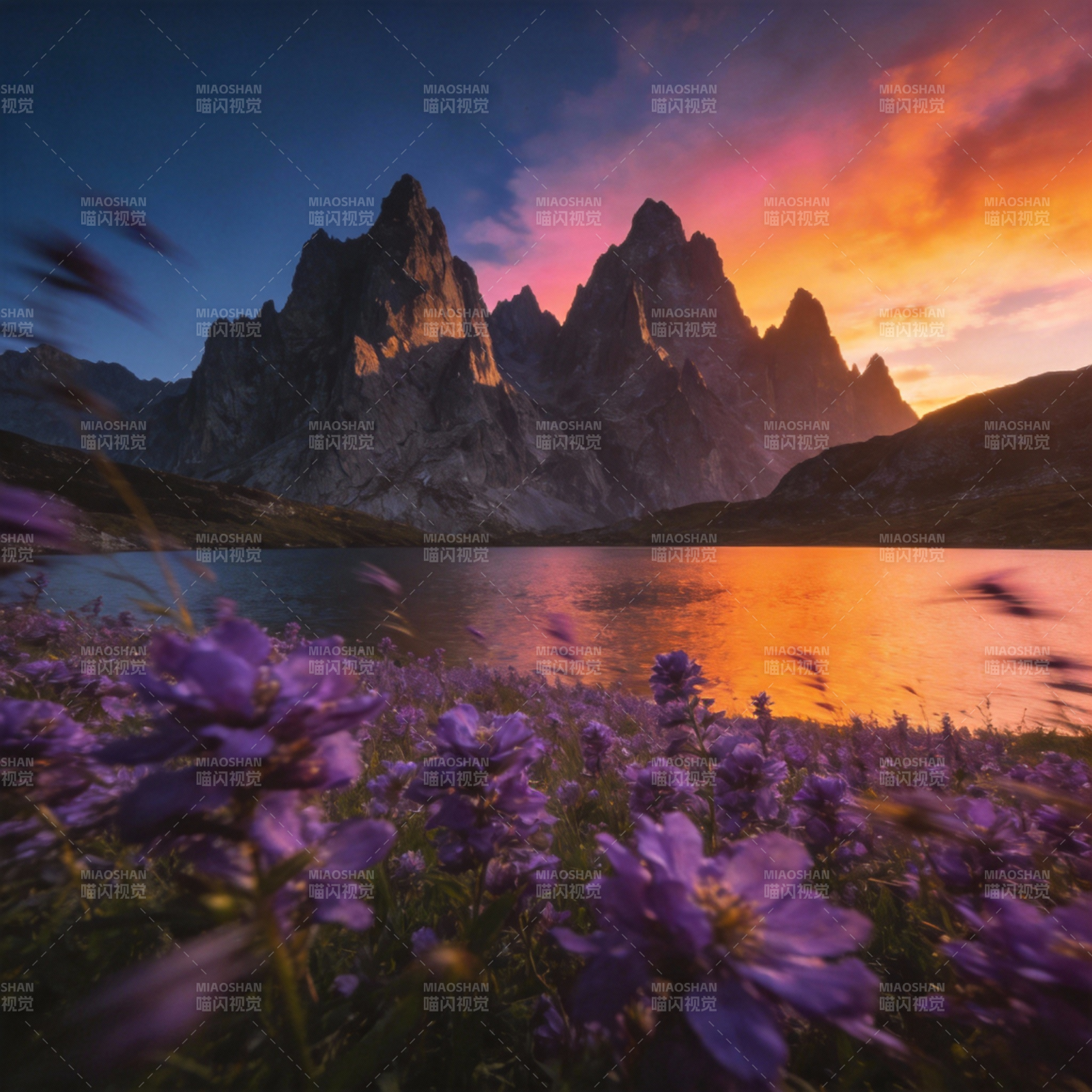 紫花映山湖日落图片