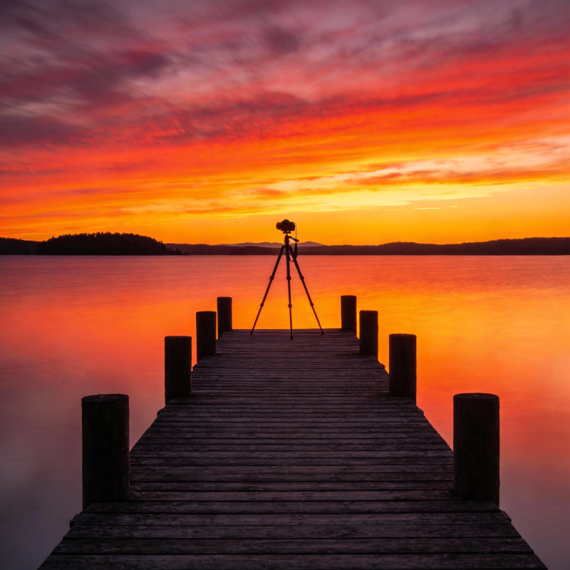 夕阳下的湖畔栈桥图片