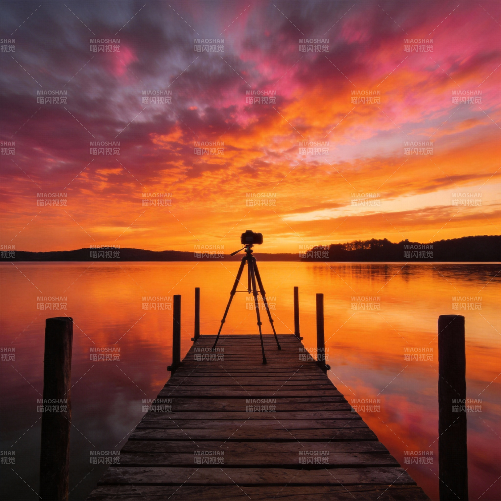 湖畔日落摄影图片