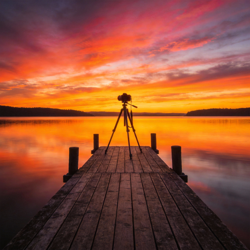 湖畔日落摄影图片