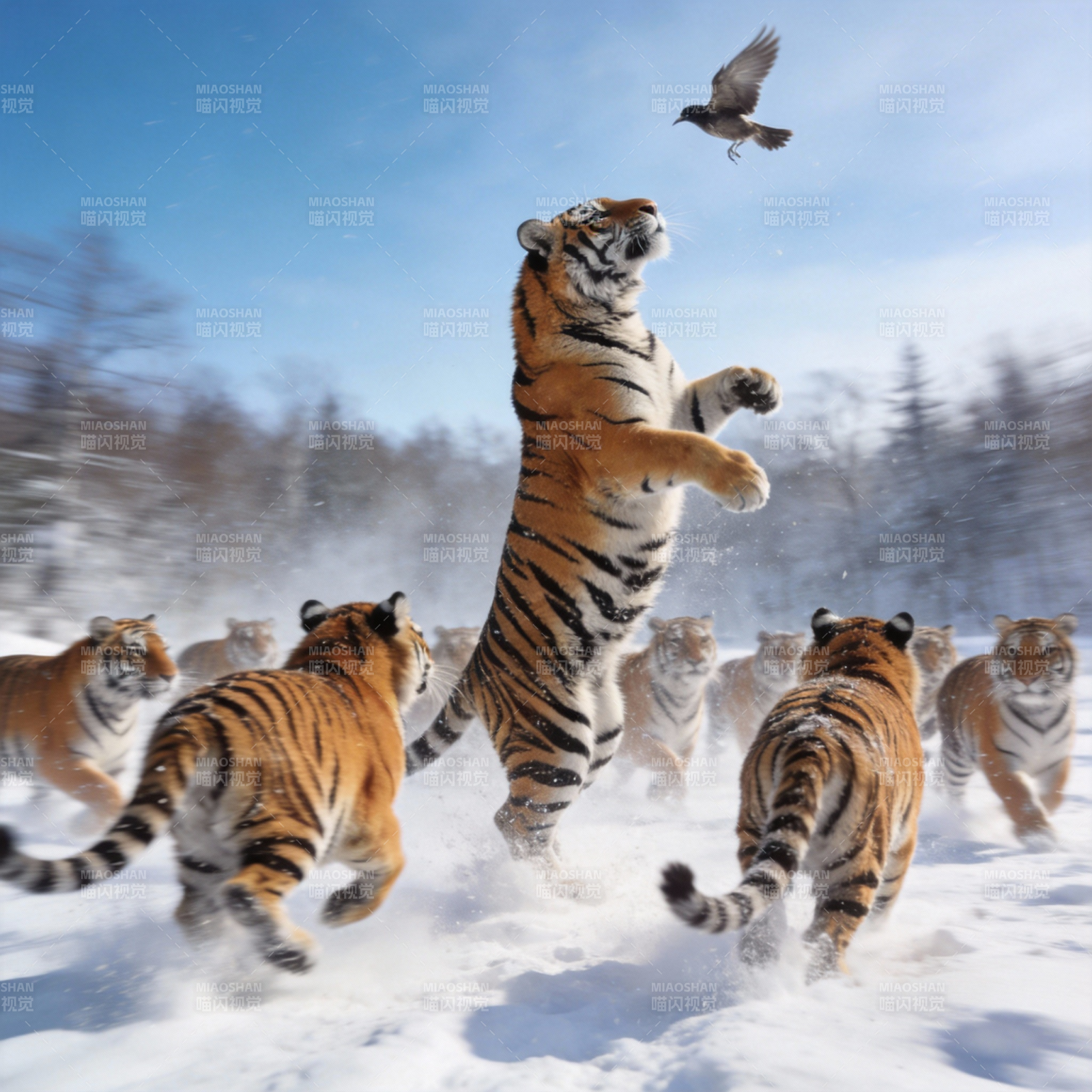雪原虎跃追鸟图片