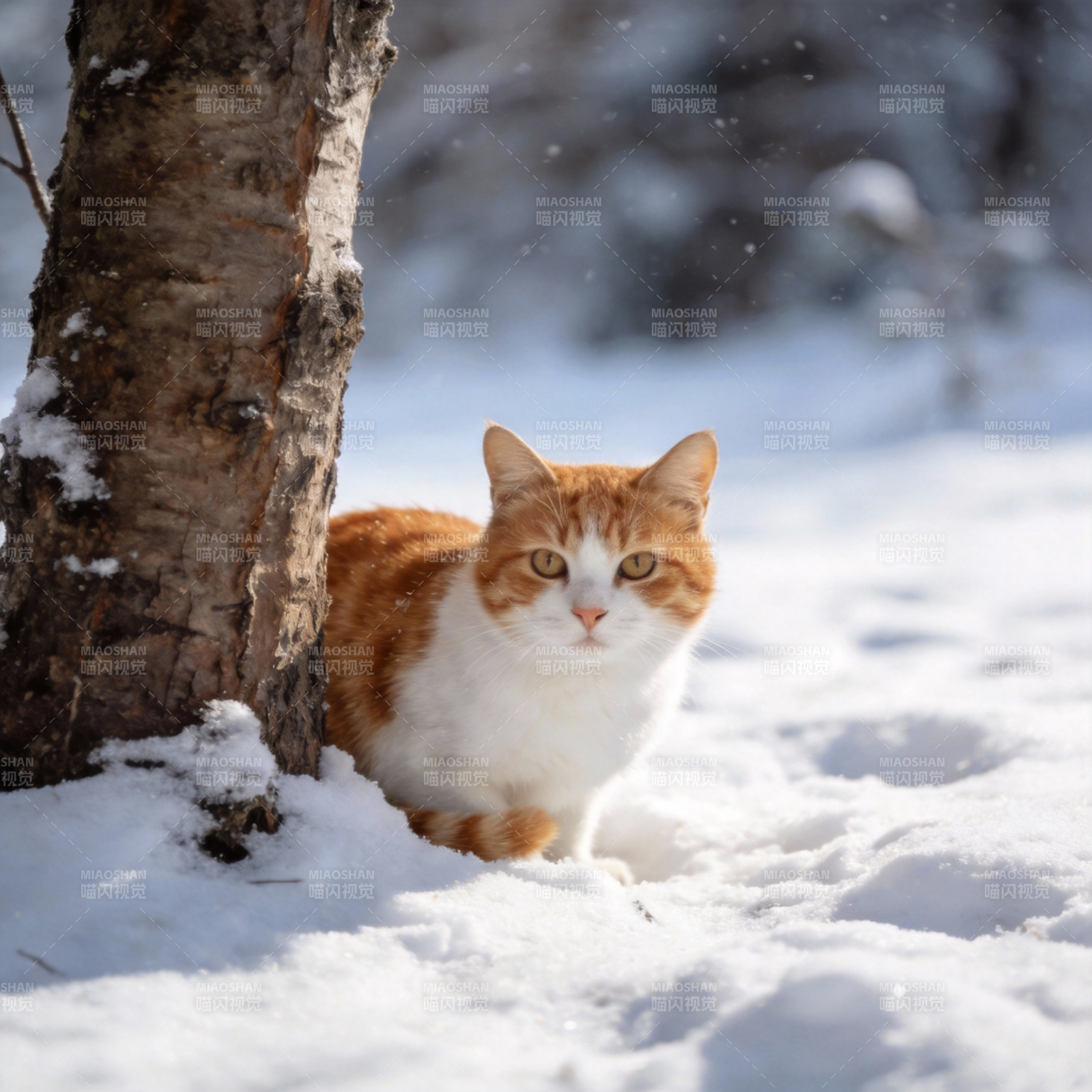 雪地里的橙白猫图片