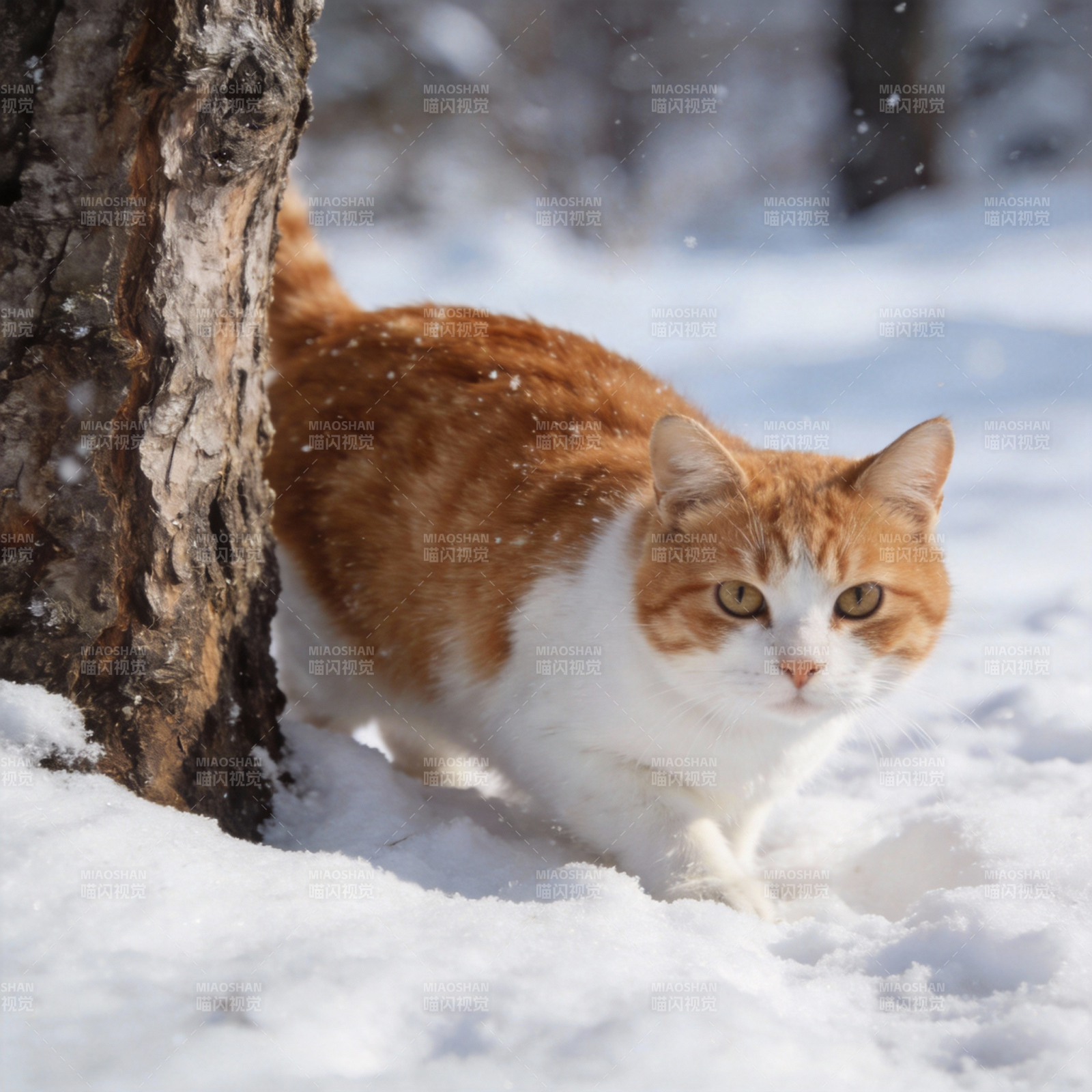 雪地里的橙白猫图片