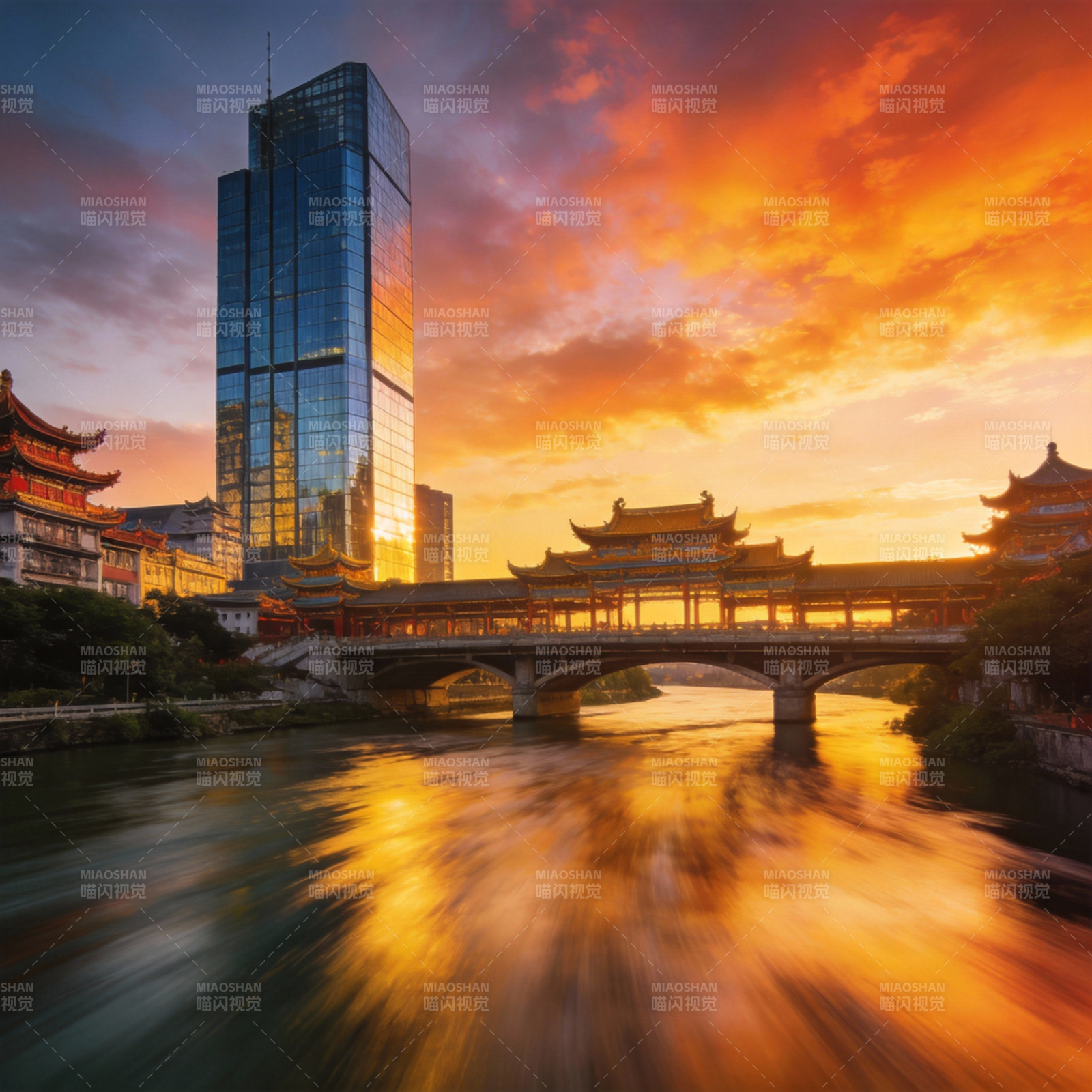 古桥映霞 现代楼影图片