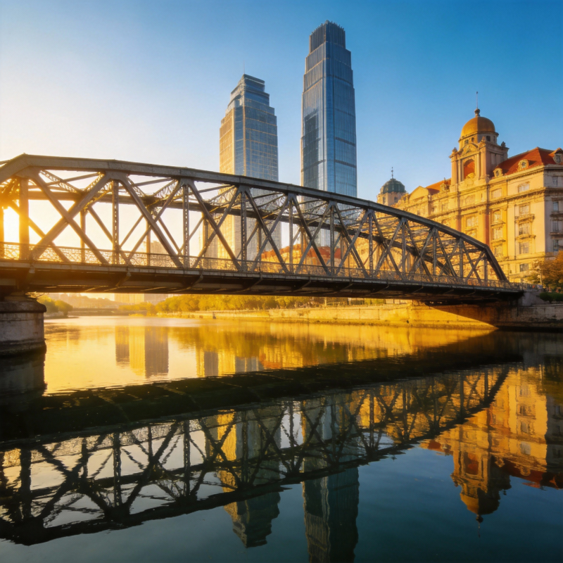 城市河畔晨光桥影图片