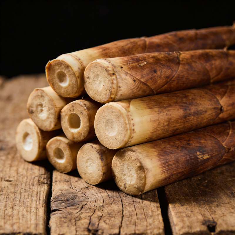 竹节堆叠于木桌图片