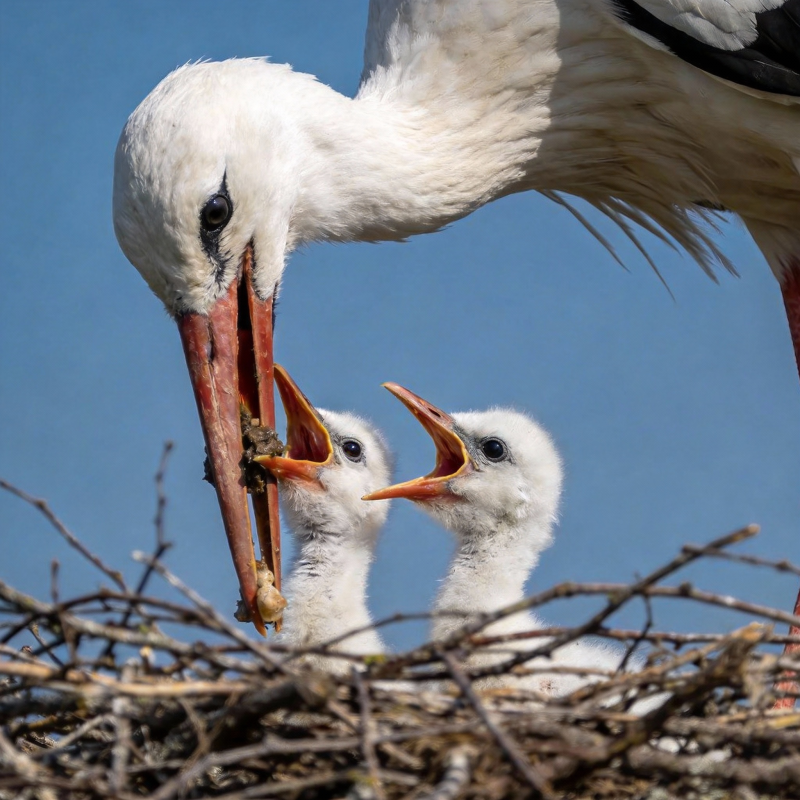 白鹳喂雏鸟图片