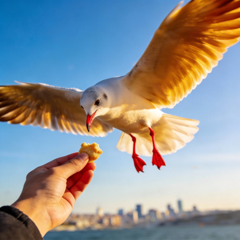 海鸥啄食面包图片