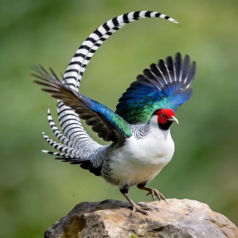 锦鸡展翅立石上图片