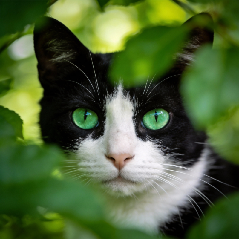 绿眸黑猫藏叶间图片