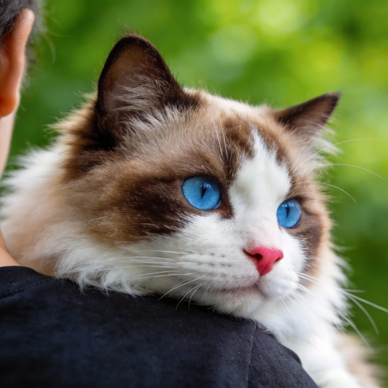 蓝眼猫依偎人肩图片