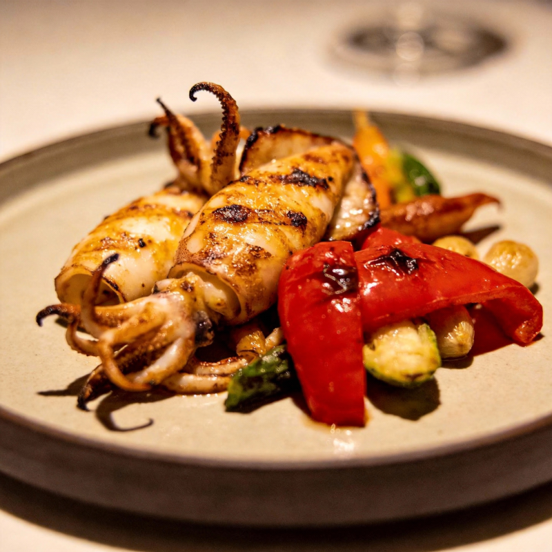 烤鱿鱼配彩椒图片