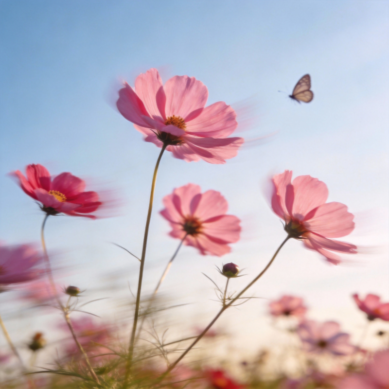 粉花蝶舞蓝天图片