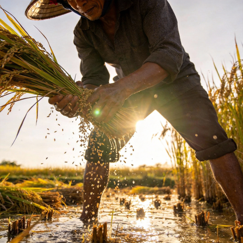 稻田收割日落时图片