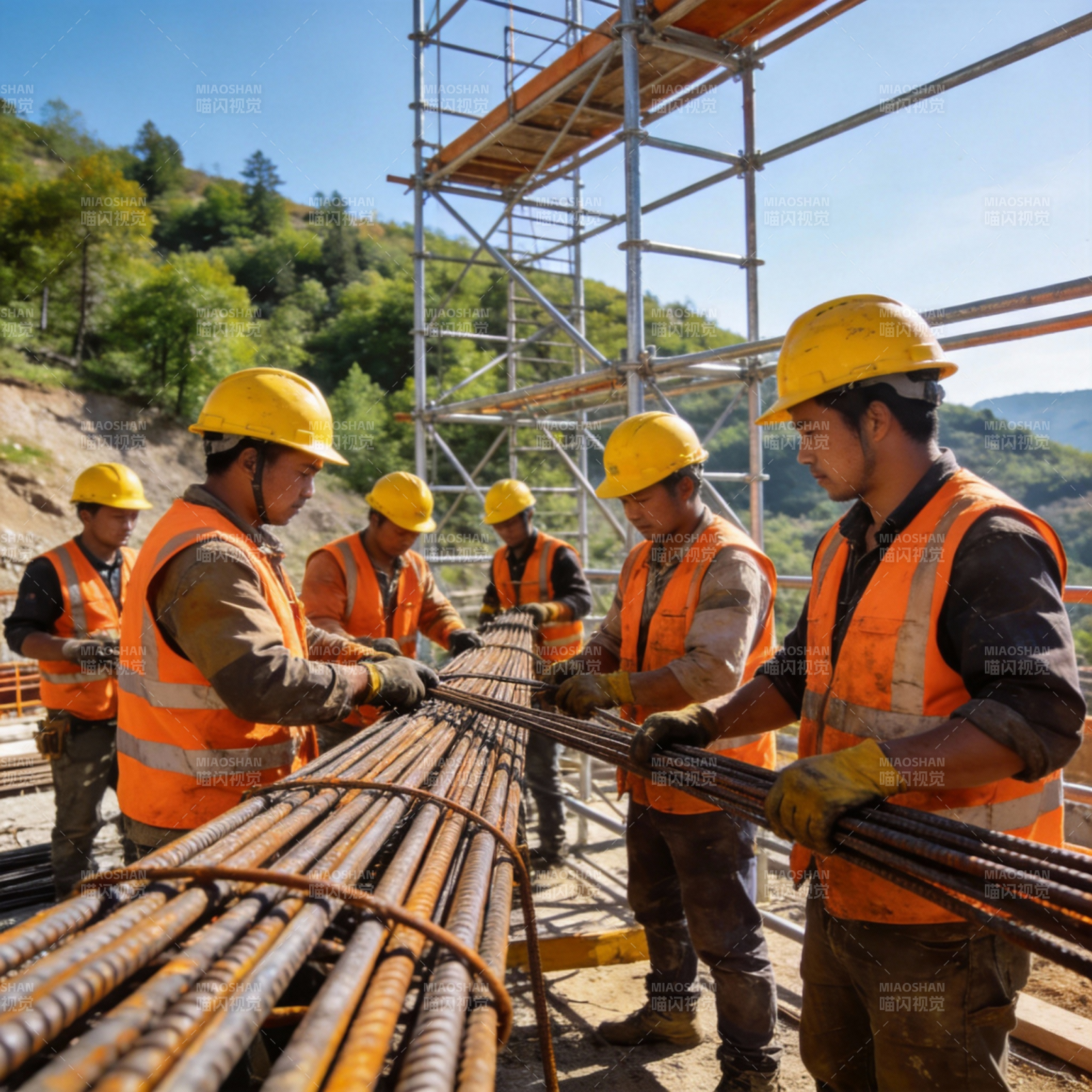 工人们搬运钢筋图片