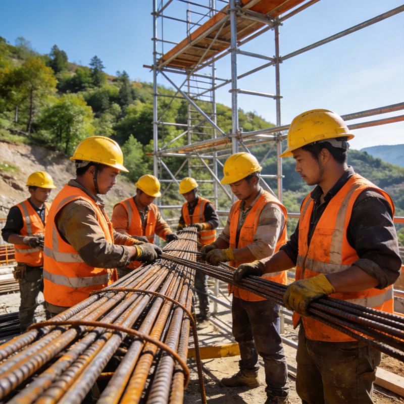 工人们搬运钢筋图片