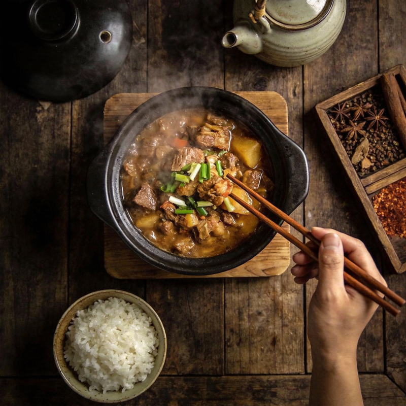 热气腾腾的炖肉饭图片