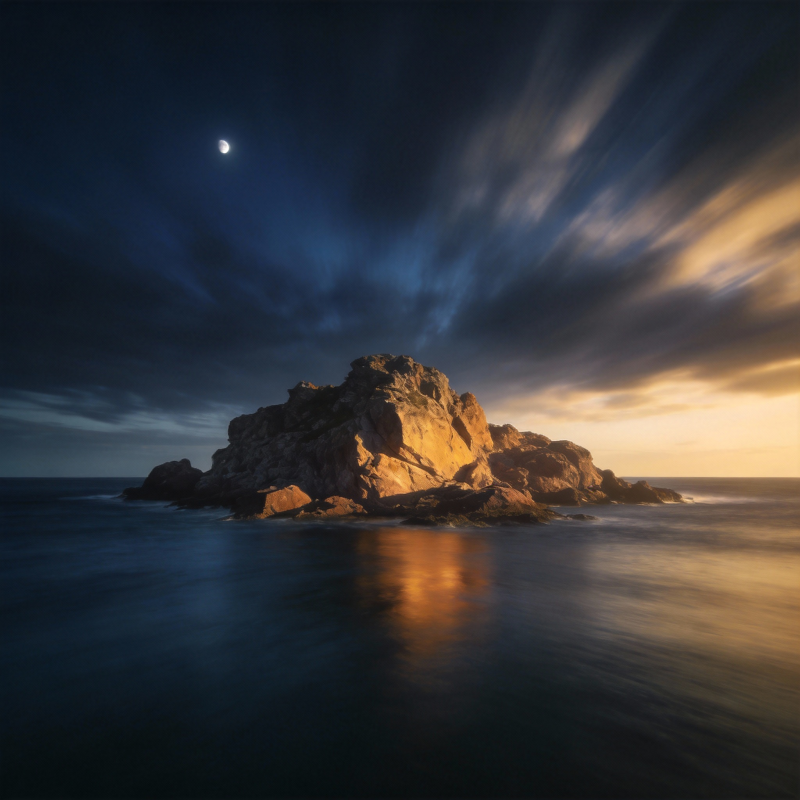 月下孤岩映海天图片