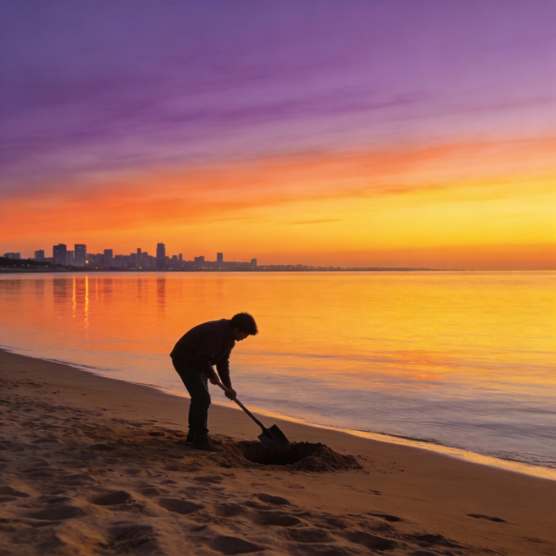 黄昏沙滩挖沙人图片
