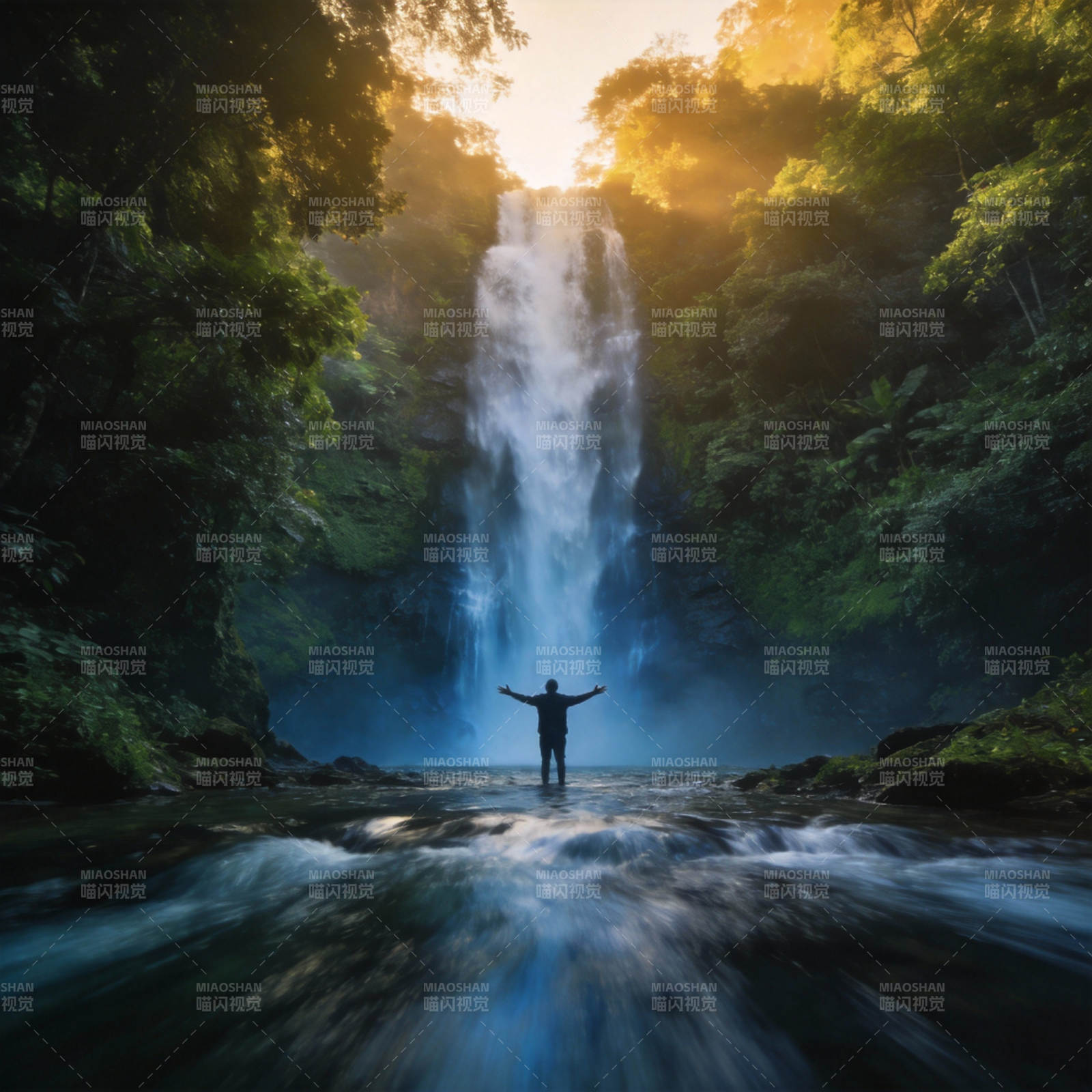 瀑布前的自由之影图片