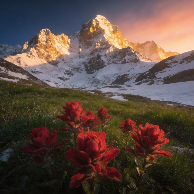 雪山红花映朝霞图片